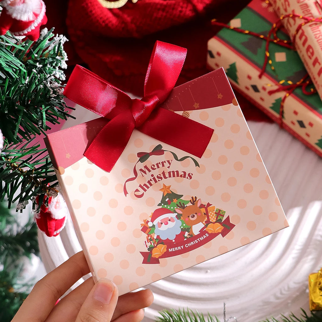 Pack of 10 Festive Christmas Mini Gift Bags with Ribbons - Colorful Design Featuring Christmas Tree, Santa and Merry Christmas W Qme