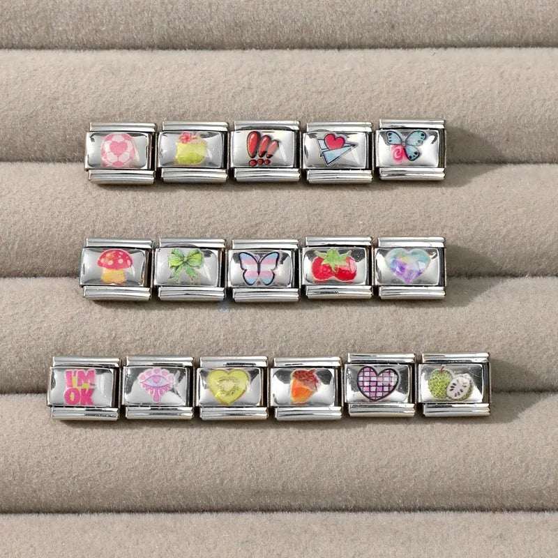 Wholesale 1pc Colorful Diamond Heart Kiwi Fruits Pinecone Italian Link Fit 9mm Bracelet Making DIY Stainless Steel Charm Jewelry Qme