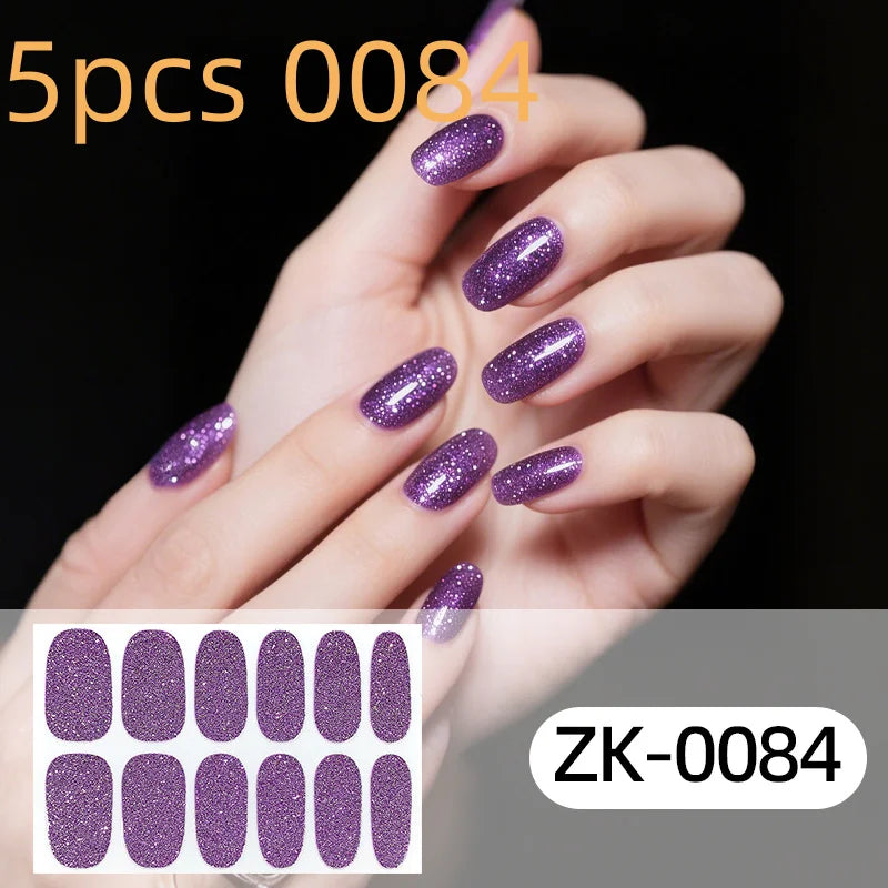 Nail Full Wrap Stickers Nail Glitter Self Adhesive Gel Nail Sticker for Women Home DIY Nail Supplies Manicure Kit Qme 5pcs 0084