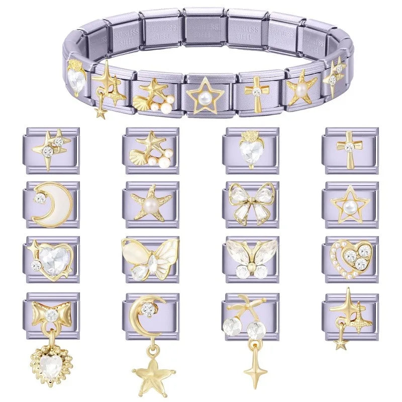 Sweet Shiny Gold Color Zircon Bow Moon Cherry Star Italian Charm Links Fit 9mm Stainless Steel Bracelet Women Jewelry DIY Making Qme