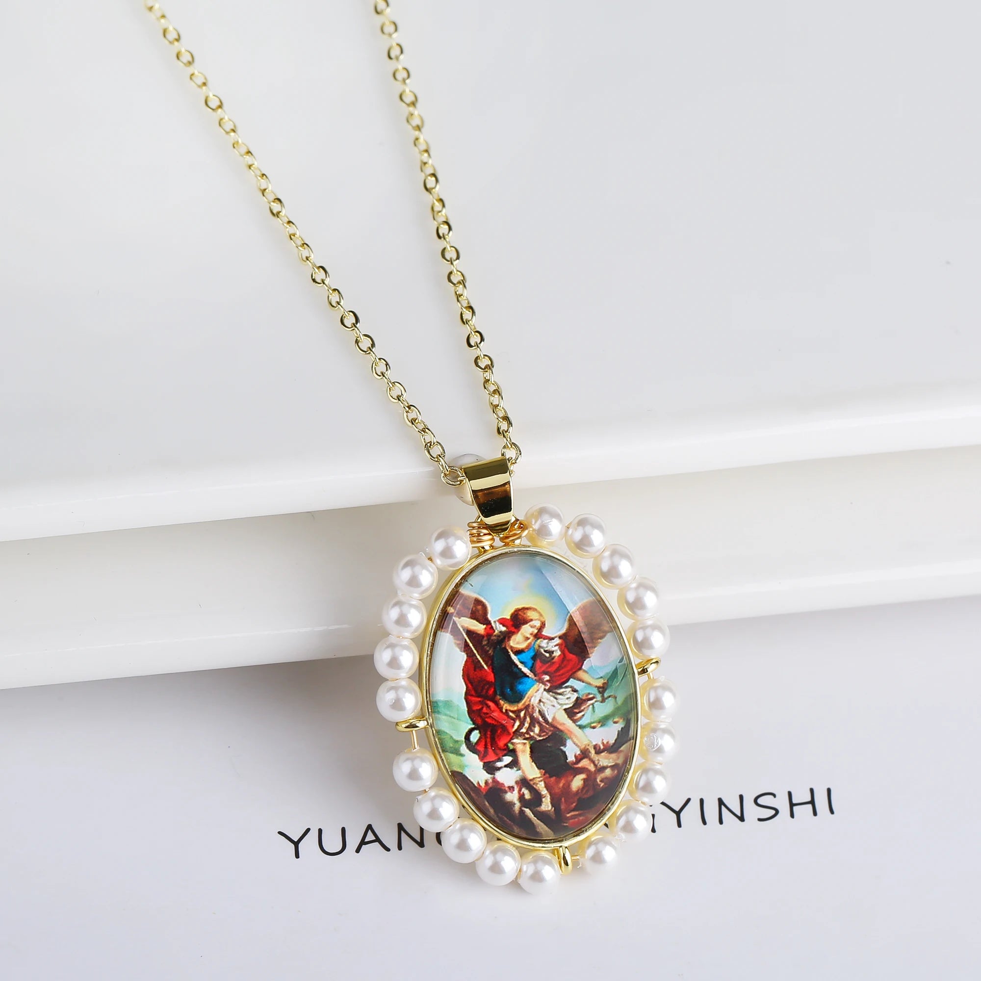 High Quality Hot Sale Religious Style Christian Catholic Image Pendant For Women Men Oval Shape Pave Beads Chain Choker Jewelry Qme 14