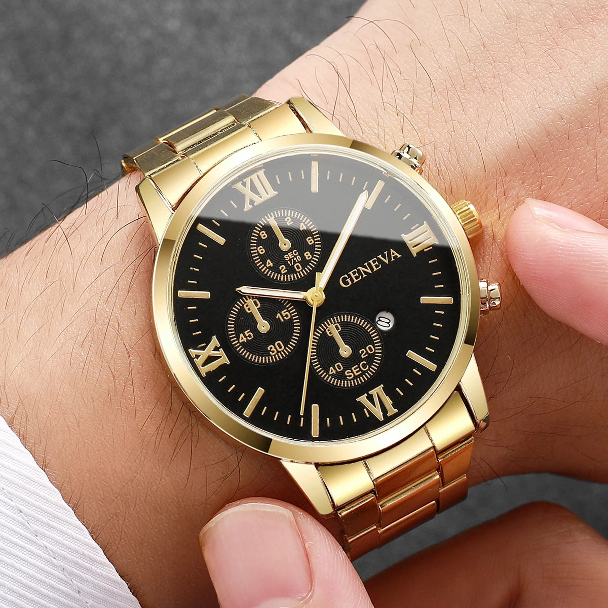 Men's steel strap watch with luminous hands, calendar stone hand, English watch, high-end feel, business watch, large dial Qme