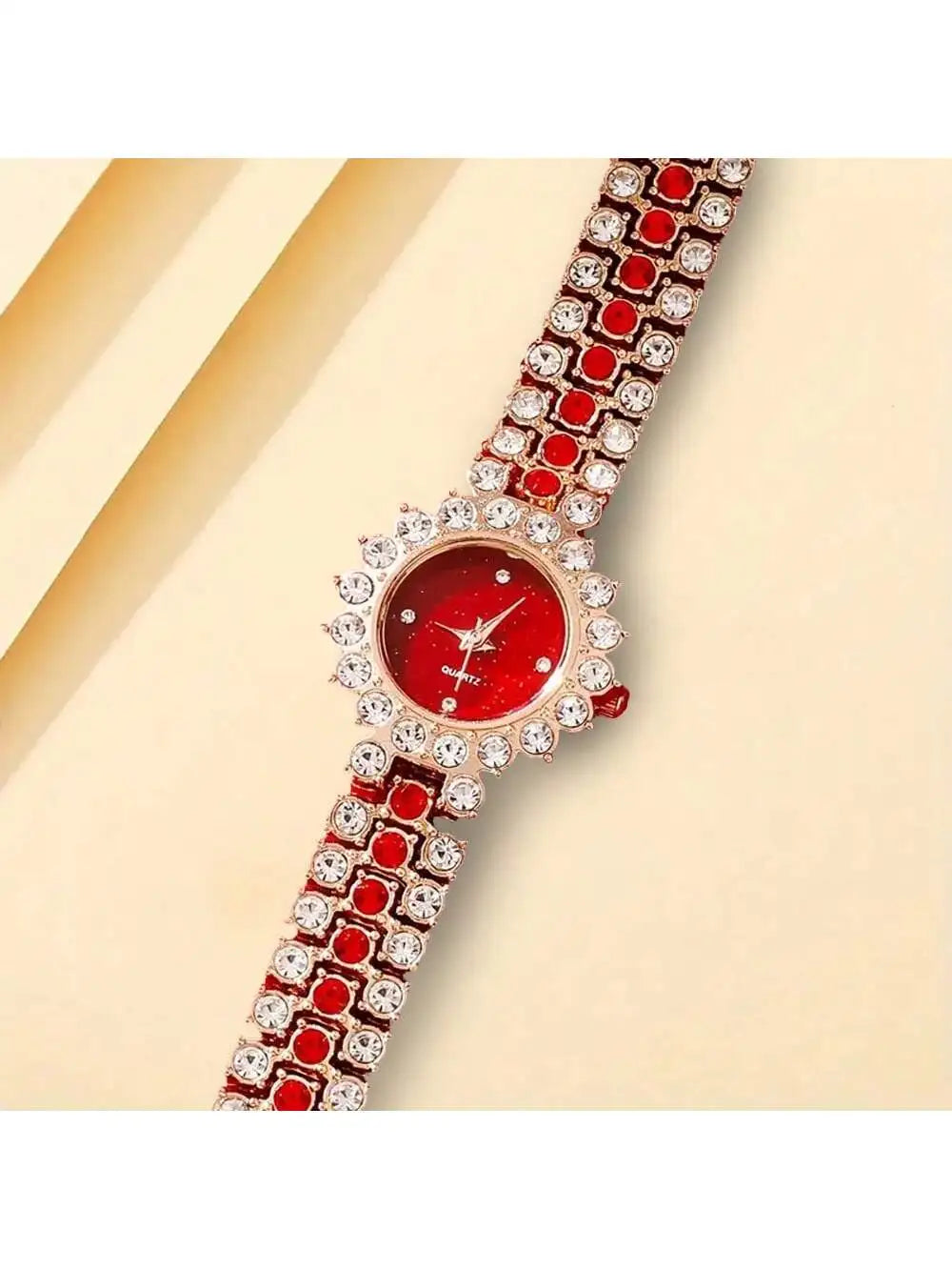 6-piece set of diamond studded temperament bracelet, women's quartz watch, heart jewelry set Qme