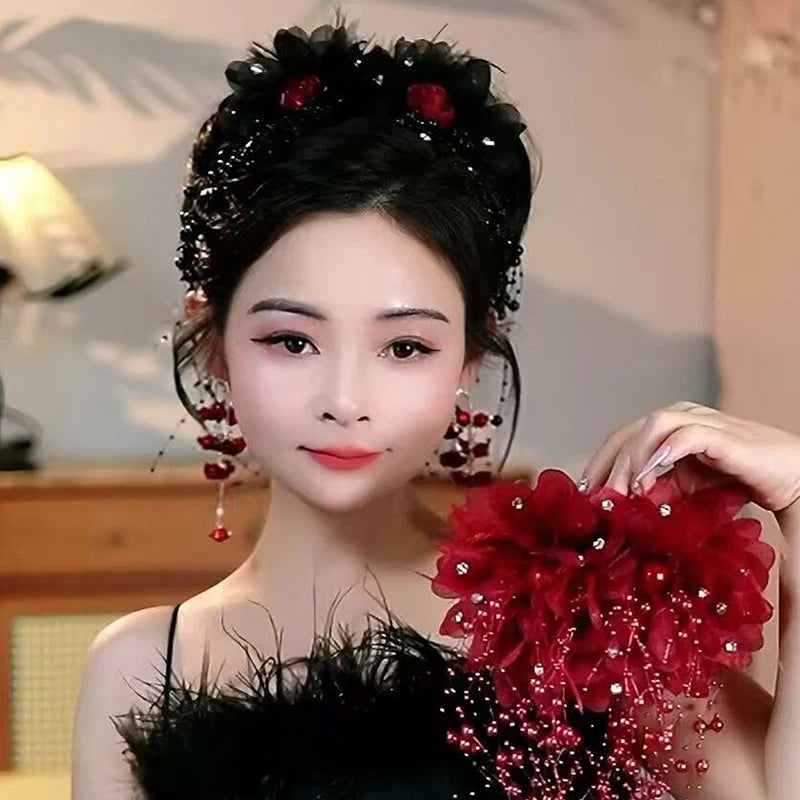 New Women's Luxury Mesh Flower Pearl Tassel Hair Clips Spring Festival Decoration Women's Fluffy Shark Hair Accessories. Qme