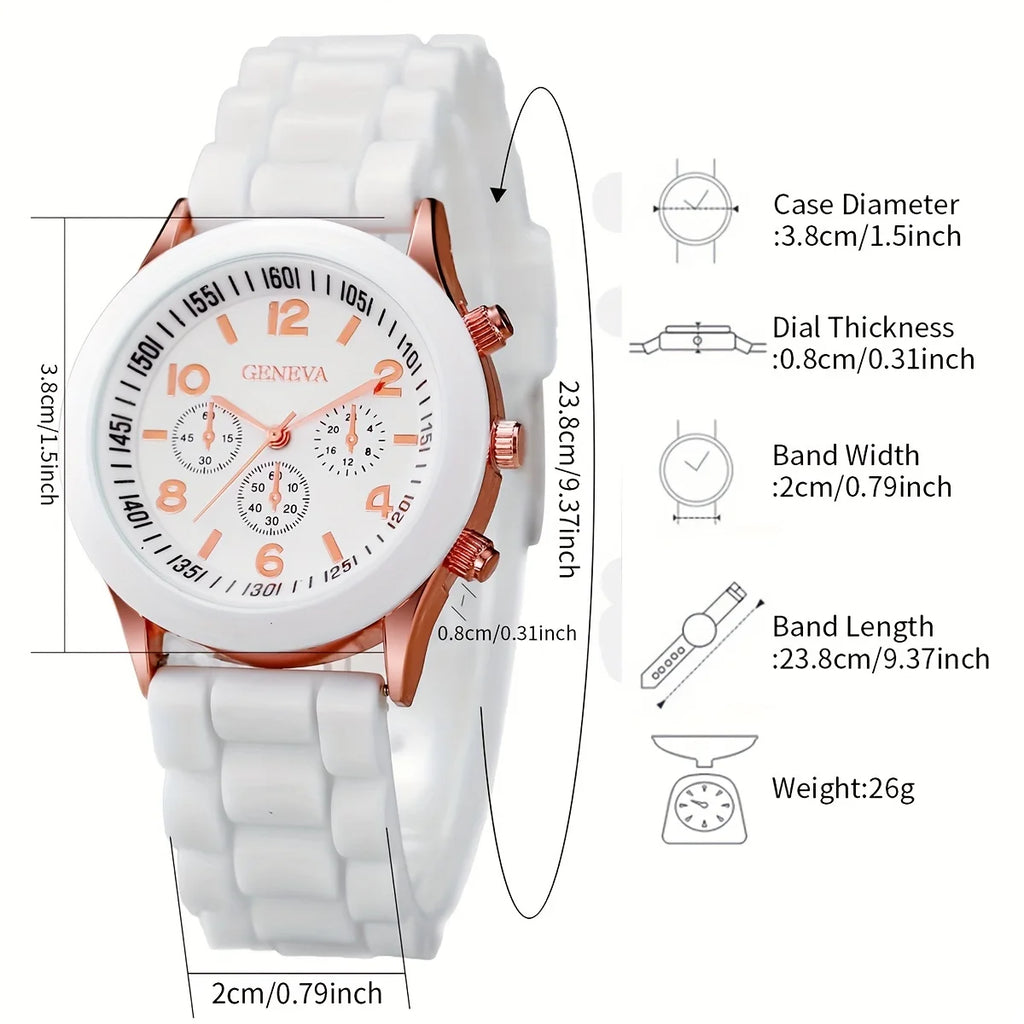 5Pcs Heart Crystal Watch Jewelry Set Women Geneva White Silicone Chronograph Quartz Wristwatch Matching Heart Jewelry Gift Qme