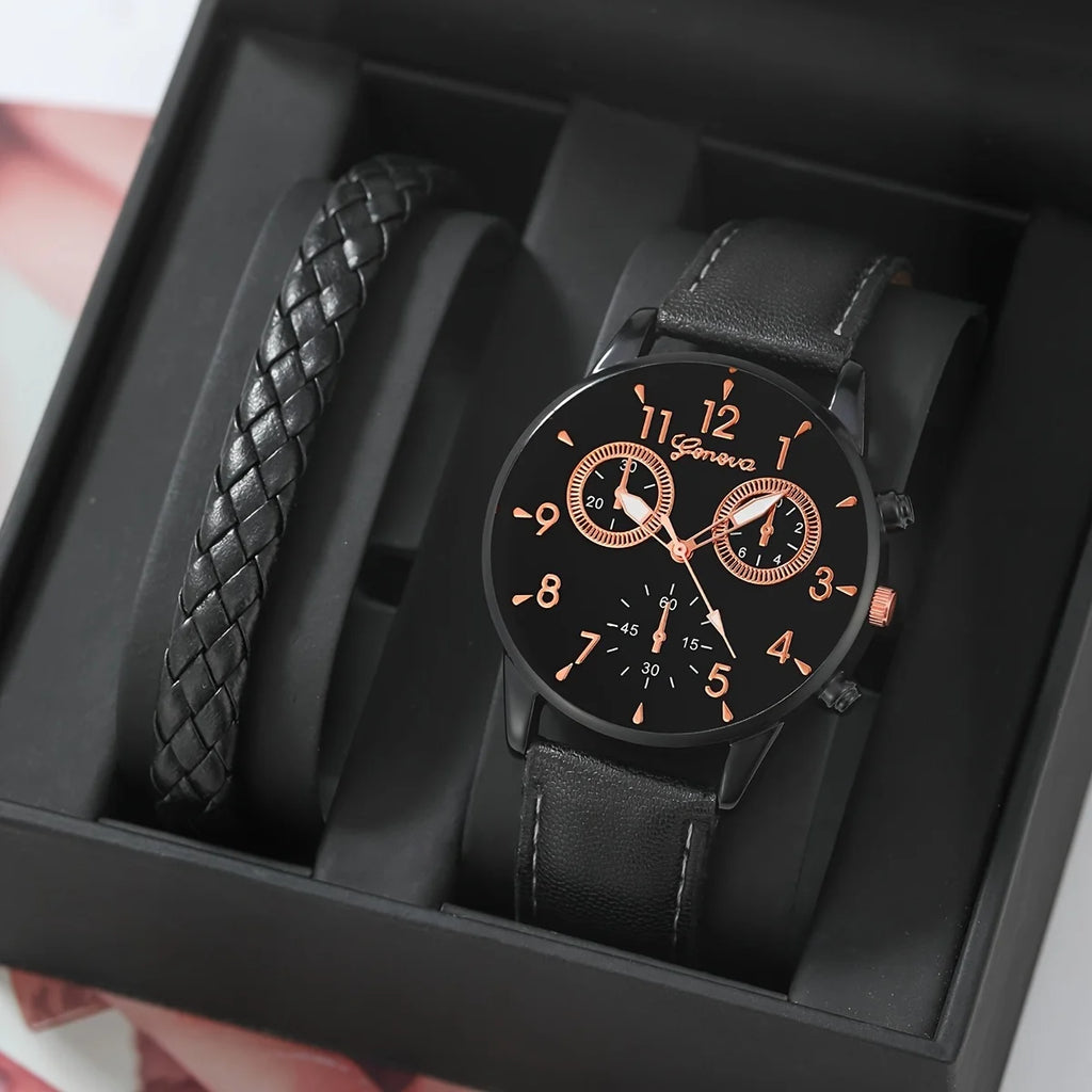 1set 1pc Men Round Pointer Quartz Watch + 1pc Bracelet / 1pc Bracelet Qme black suit