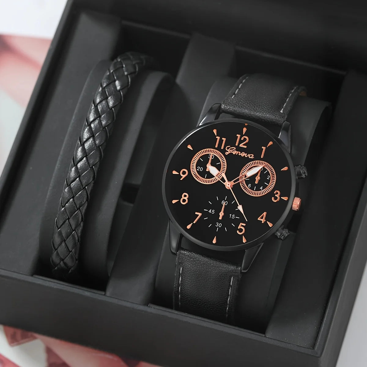 1set 1pc Men Round Pointer Quartz Watch + 1pc Bracelet / 1pc Bracelet Qme black suit