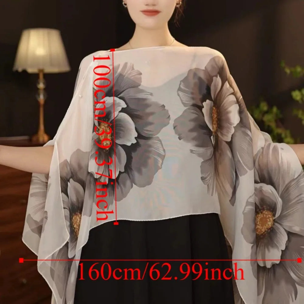 Multifuctional Breathable Shawl Flower Pattern Long Length Sun Protection Shawl Lightweight Breathable Fabric Chiffon Scarf Qme