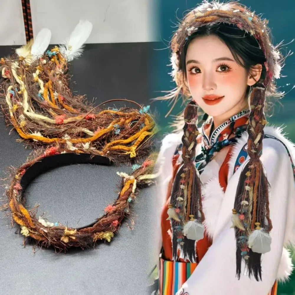 Boho Style Chinese Tibetan Hairband Colorful Ribbon Long Tassel Braid Hairband Candy Colored Weaving Ethnic Hair Hoop Qme Coffee feathers