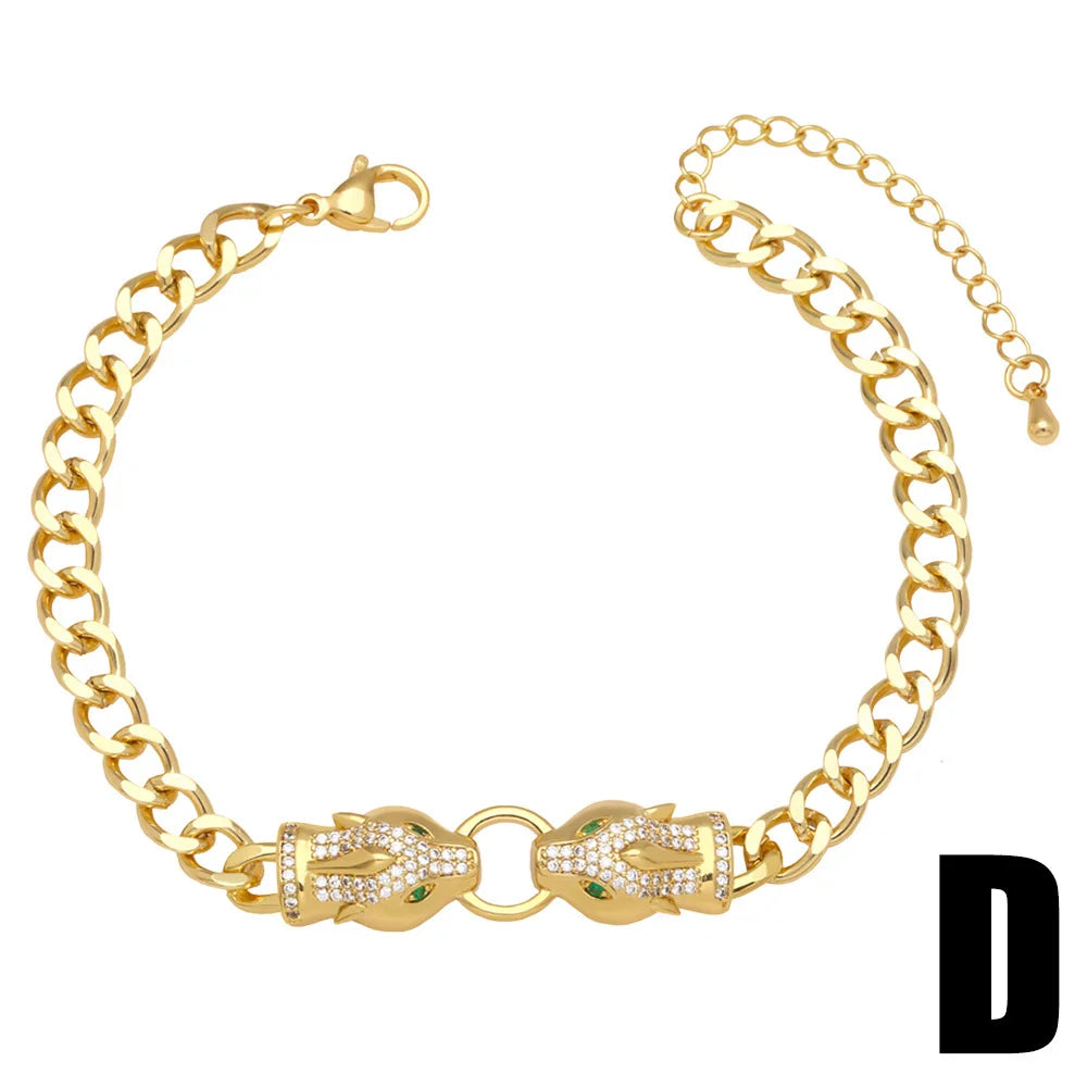 New Hot Punk Hip Hop Personality Leopard Head Bracelet Men and Women Cool Zircon Gold Plated Cuban Chain Wholesale Qme D