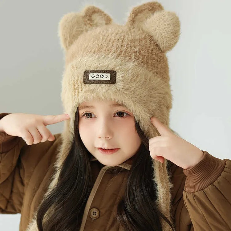 Girls' Winter Autumn Cute Bear Fleece-lined Warm Knitted Ear Qme Khaki