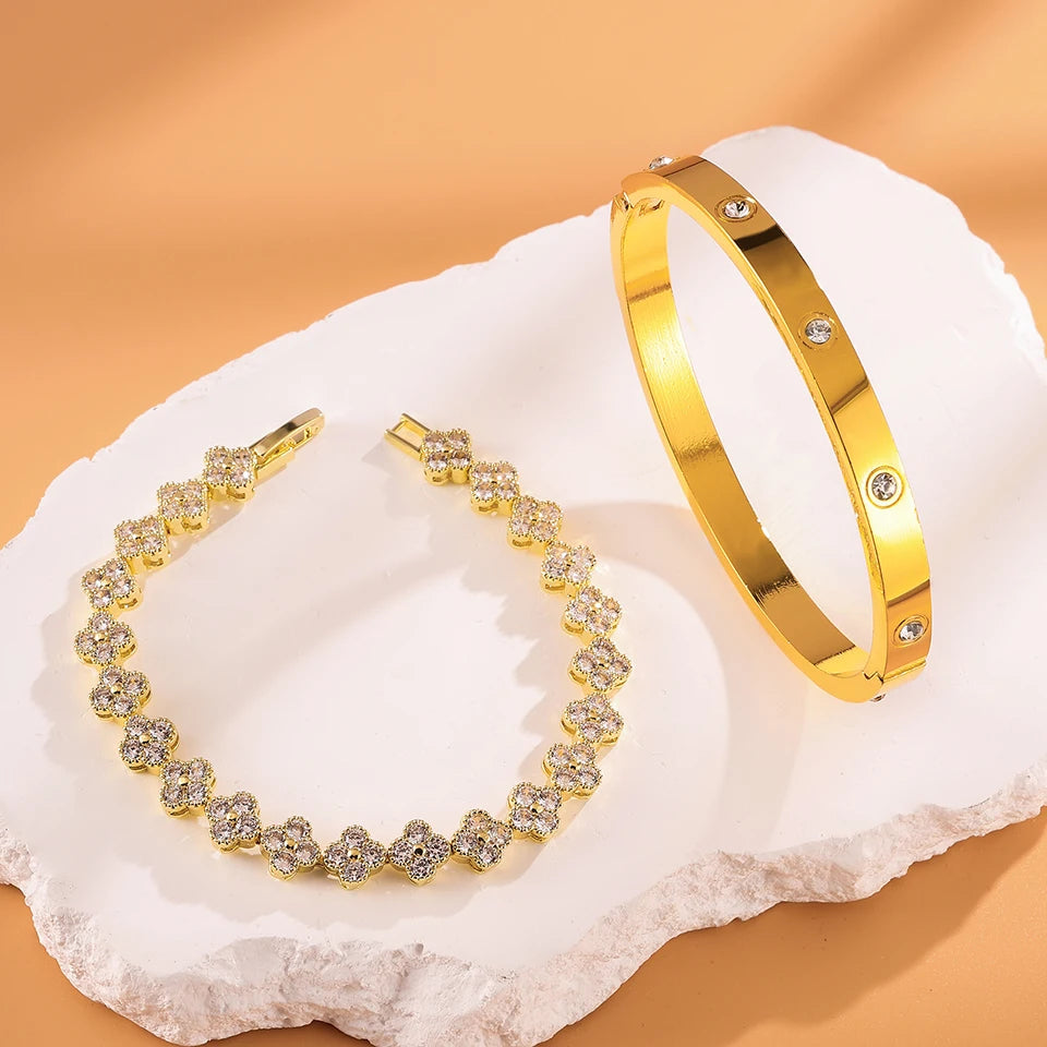 Colorful Shiny Zircon Five-leaf Flower Stacked Bracelet Bangles 18K Qme