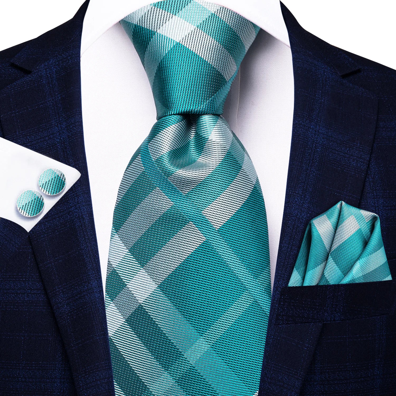 Hi-tie Fashion Blue Plaid Dots Men's Elegant Tie Handkerchief