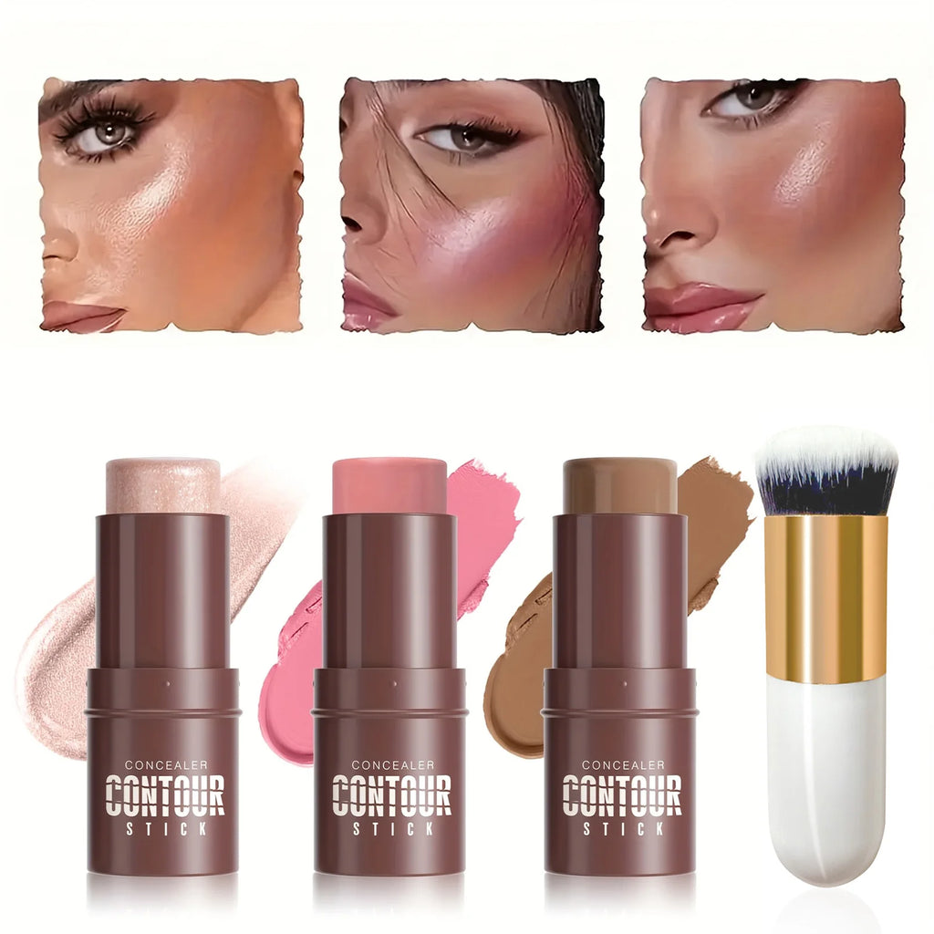 4pcs Contour Stick, Highlighter Stick, Blush Stick 4pcs Cream Contour Kit with Contour Brush, Create Face Contour, Non-greasy Qme