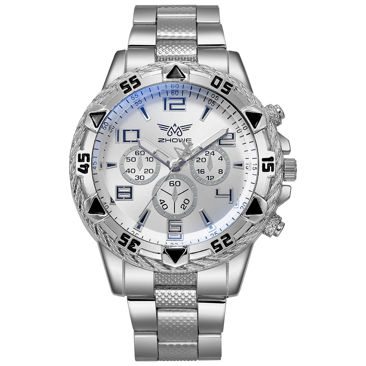 2pcs men's fake three eye casual steel band watch set Qme