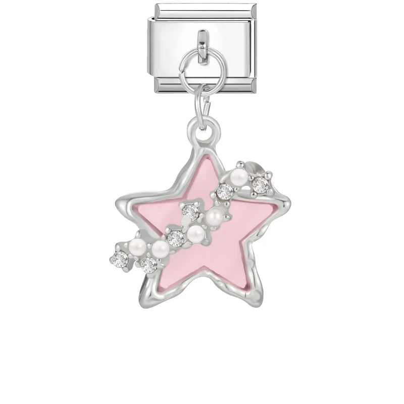 New 2026 Fashion Sweet Pink Moon Star Butterfly Pendant Italian Charm Links Fit 9MM Stainless Steel Bracelet DIY Making Gifts Qme Style 7
