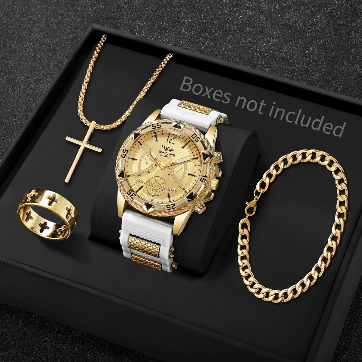 Luxury Sport Men Quartz Watch Jewelry Kit, Hollow Dial Gold Accent Wristwatch Matching Cross Jewelry Present for Boys Qme White Gold No Box