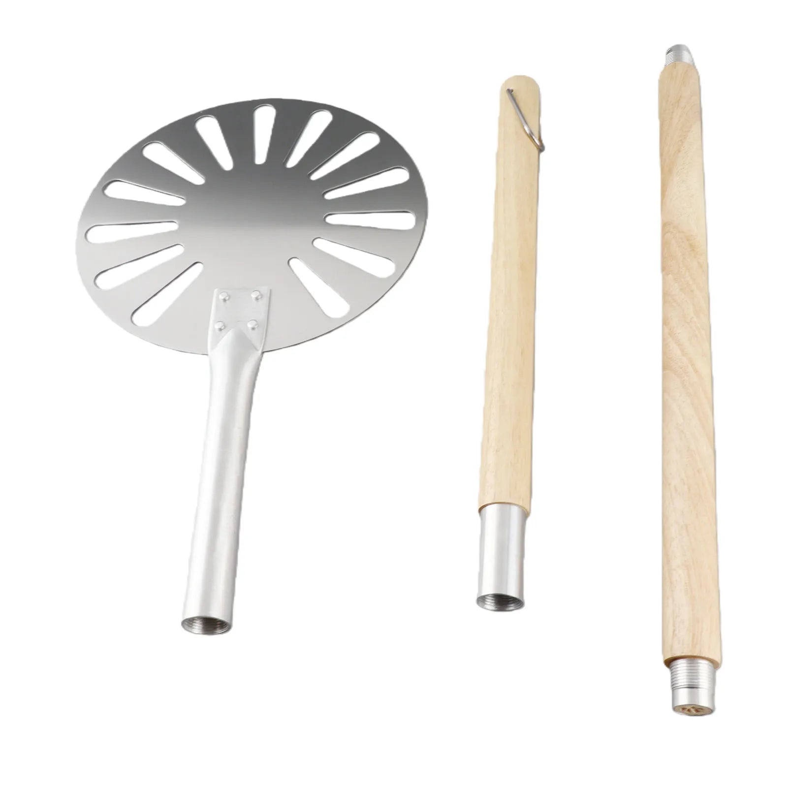 9inch Pizza Turning Peel Lightweight Stainless Steel Perforated Pizza Peel Metal Pizza Turner Peel with 2 Wooden Long Handle Qme