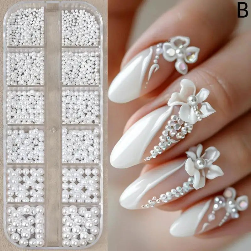 12 Grids Half Round Pearls Bead 3D Nail Charms 1 5 2 3 4 White Qme B