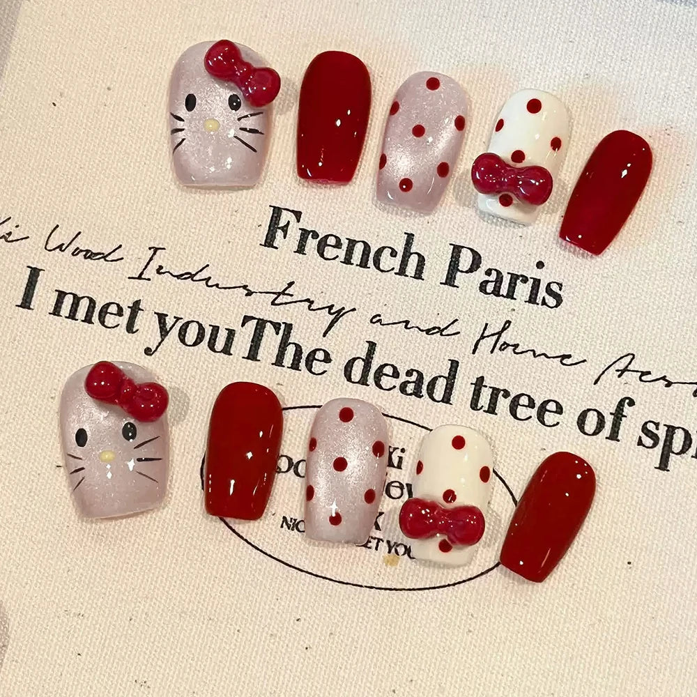 Short Handmade Kitty Cat Press Nails Art Red Polka Dot Cute 3D Bow Qme