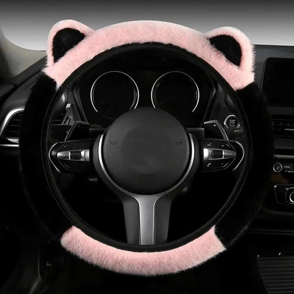 CAR Winter Plush Car Steering Wheel Protective Cover Universal Non-slip Soft Cute Cat Ears Plush Steering Wheel Cover Qme