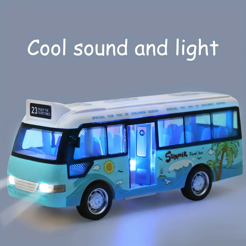 City Bus Toys Cars Die-Cast Plastic Airport Cars For Boys Girls, Pull Back Play Vehicle With Sound, Light Up & Open-able Doors Qme