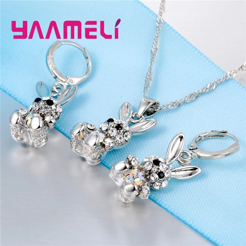 Lovely Cute Rabbit Gifts for Women Girls 925 Sterling Silver Color Jewelry Sets AB Colored Cubic Zircon Necklace Dangle Earrings Qme
