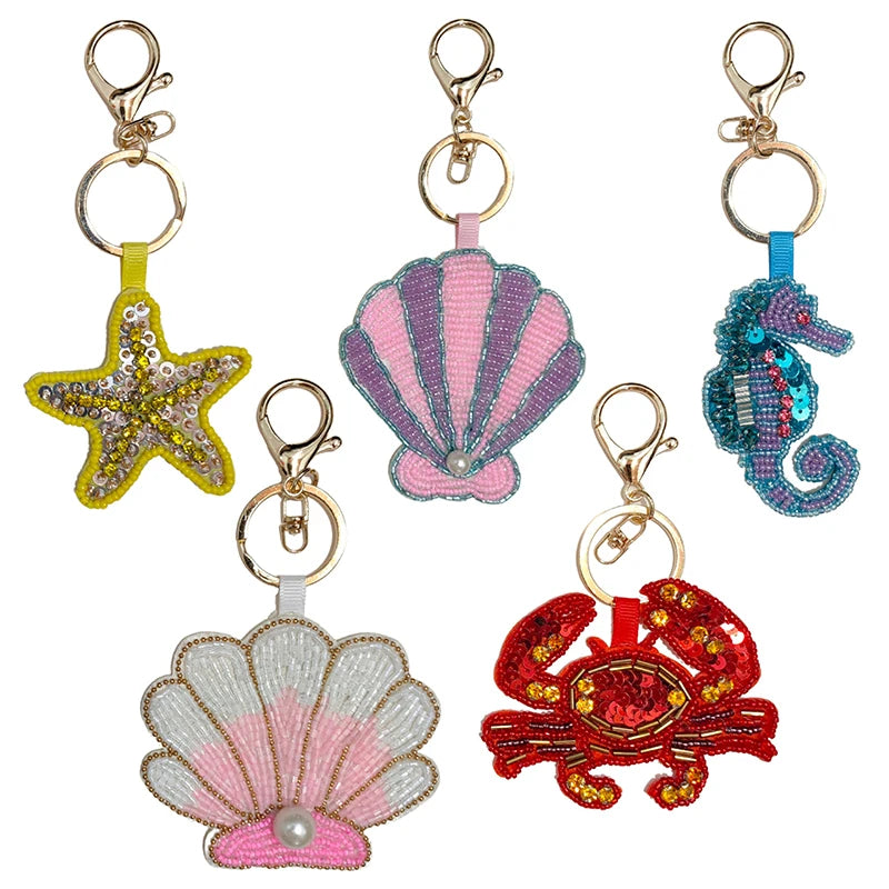 Bag charm decor with Beaded Sequin Rhinestone Crab, Starfish, Shell, and Conch Keychain Qme