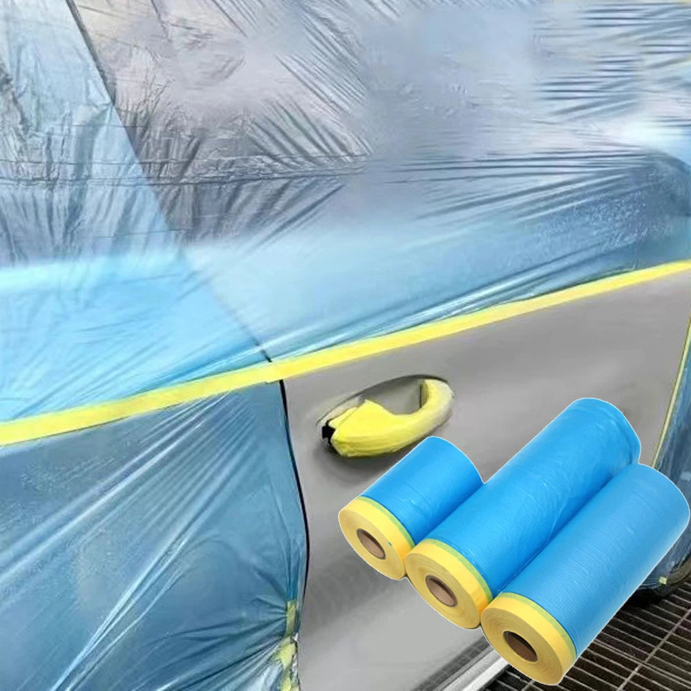 3 Rolls 25M Pre-Taped Masking Film Plastic Sheeting Automotive Washi Tape No Residue Painters PE Blue Drop Cloth for Painting Qme