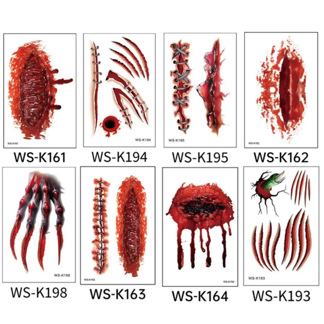 A 10pcs Waterproof Halloween Tattoo Stickers Bleeding Wound Scar Temporary Tattoos for Women Men Fake Tattoo For Halloween Party Qme 8pcs WS-K161K198