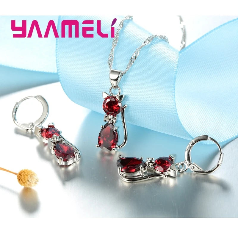 Real 925 Sterling Silver Color Jewelry Sets for Woman Girls Shining Austrian Crystal Cute Cat Pendant Necklace Huggie Earring Qme