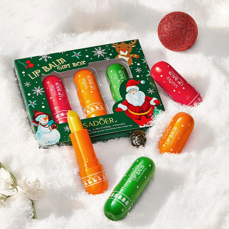 SADOER Christmas Moisturizing Lipstick Anti Wrinkles Hydrating Repair Qme 3pcs 1 box
