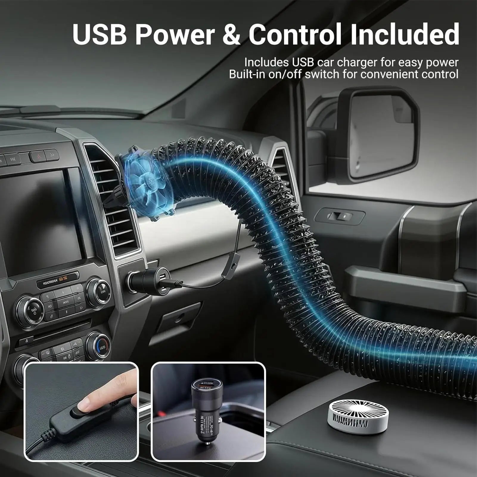 Car AC Vent Extender for Backseat with USB Airflow Fan 3 Meters Auto AC Vent Extender for Kids Pets SUV Truck Sedan Pickup Van Qme