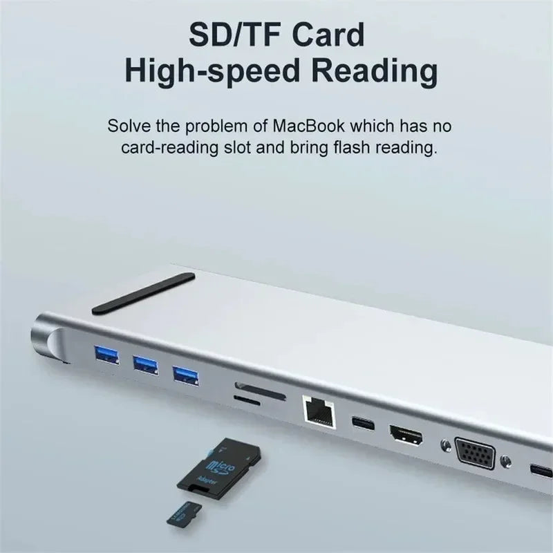 11 In 1 USB C HUB Type C Docking Station Ethernet Network USB 3.0 Adapter Cables PD 100W Splitter Qme