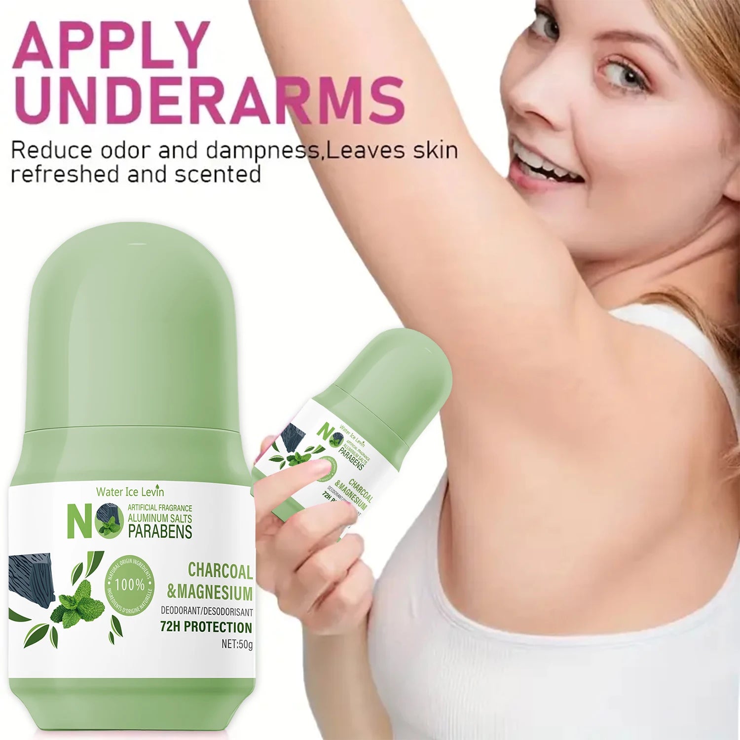 Water Ice Levin Natural Deodorant Stick - 72H Protection, Charcoal & Magnesium, Aluminum-Free. Qme