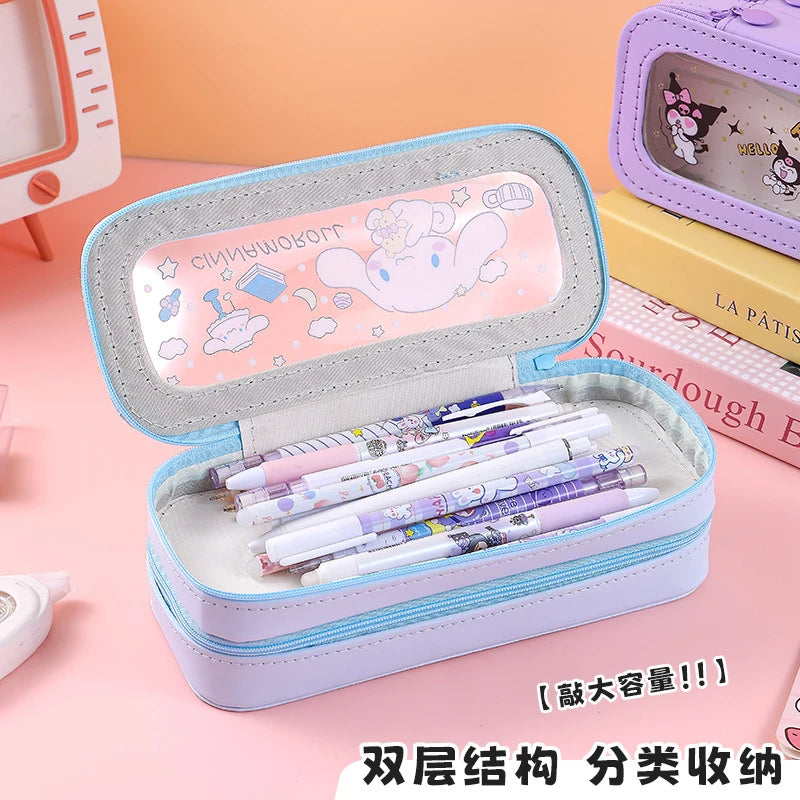 Hello Kitty Kuromi Transparent Double-Layer Pencil Case with Window Large-Capacity, Stylish Pencil Case Student Pencil Case Qme