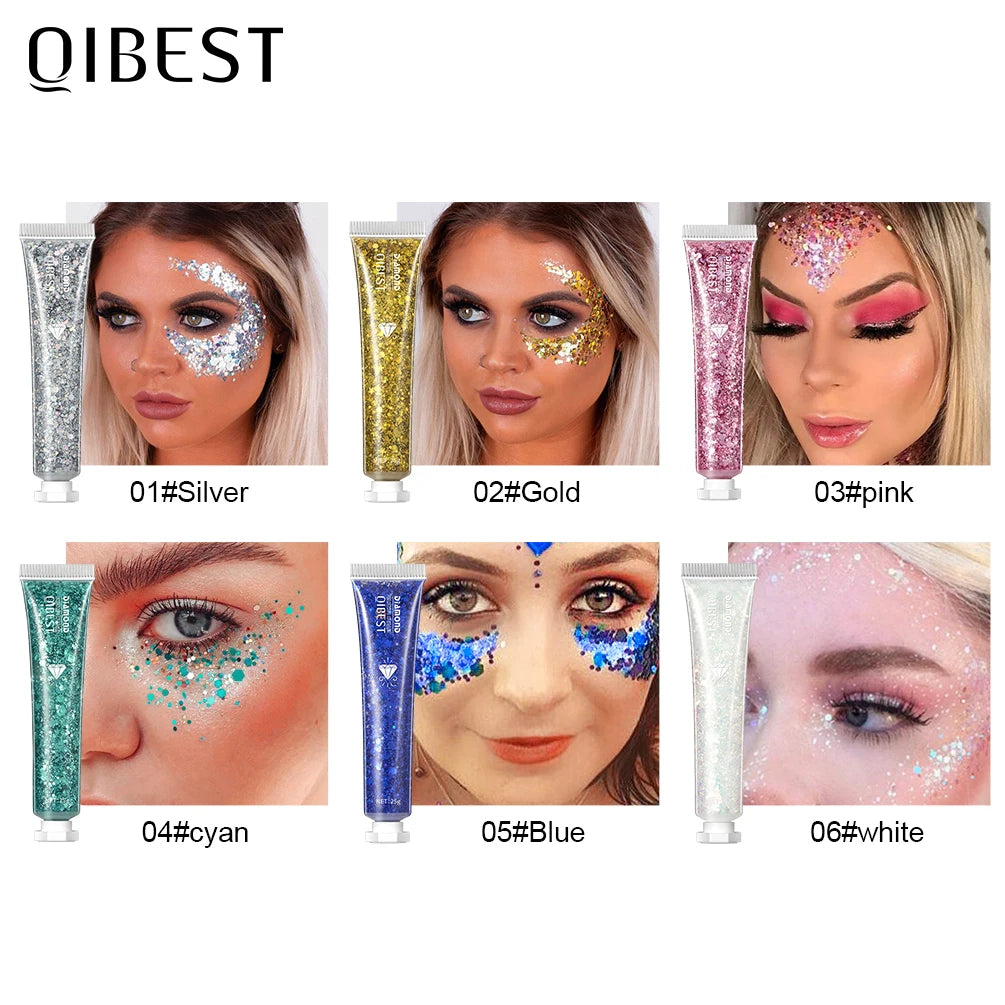QIBEST Festival Body Glitter Gel Face Eye Glitter Eyes Holographic Cosmetics Laser Powder Chunky Nails Hair Glitter Makeup Sets Qme
