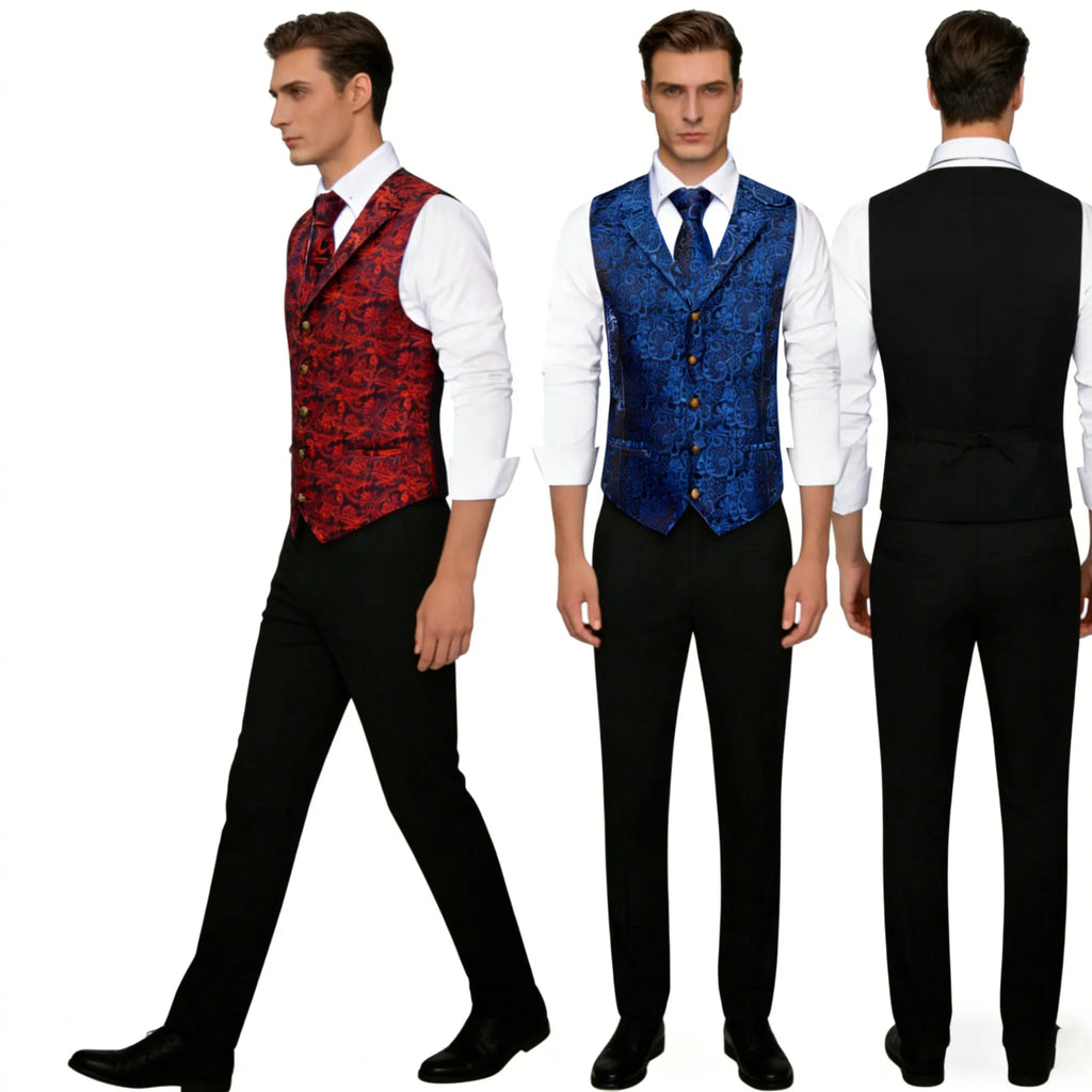 Mens Royal Red Floral Suit Vest Tie Hanky Cufflinks Set Paisley Waistcoat Necktie for Male Wedding Busniess Qme