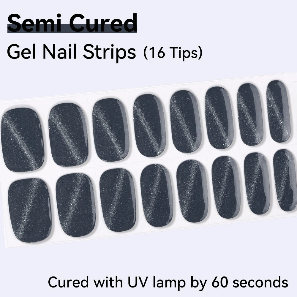 16Tips Red Blue Shine Cat Eyes Semi Cured Gel Nail Stickers Pure Fine Qme NF250061