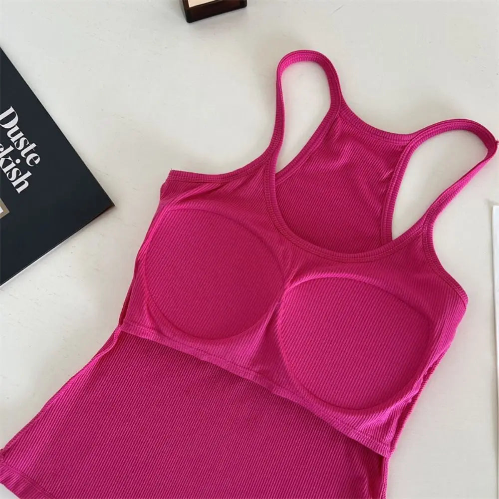 Women Underwear Wire-free Tank Crop Top Sexy Camisole Solid Color Chest Pad Tee American Retro Sleeveless Slim Tank Top Qme