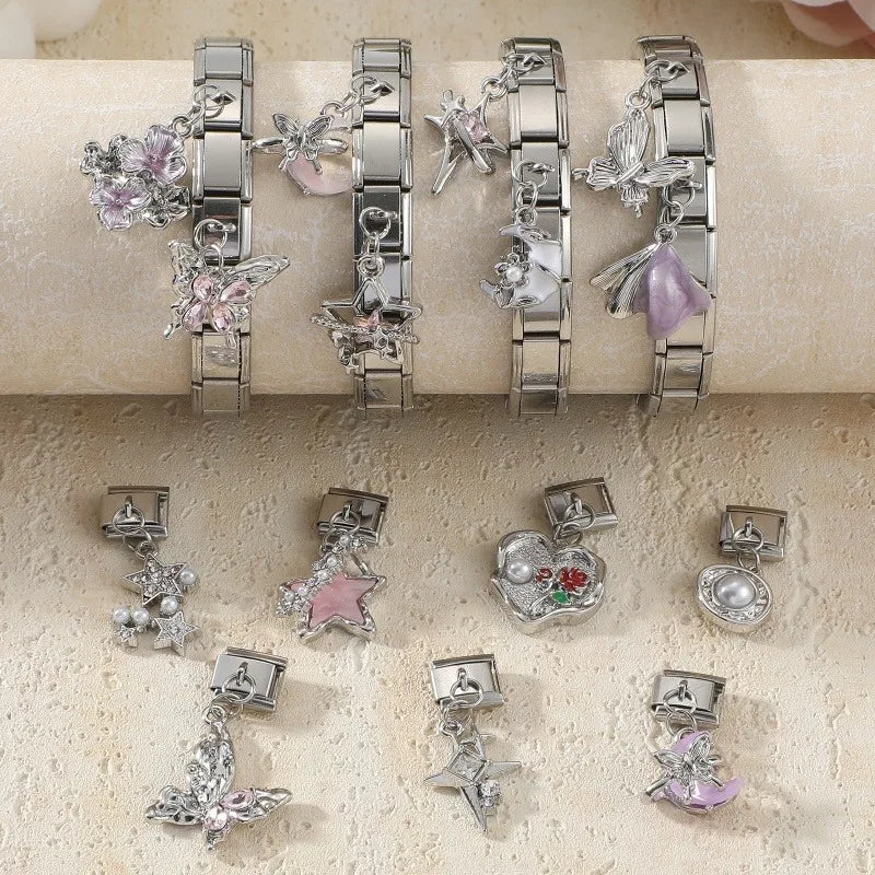 New 2026 Fashion Sweet Pink Moon Star Butterfly Pendant Italian Charm Links Fit 9MM Stainless Steel Bracelet DIY Making Gifts Qme