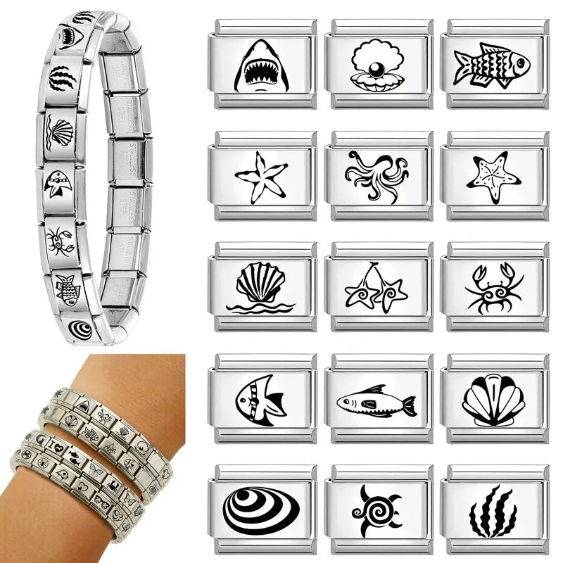 2026 Design Jellyfish Shell Pearl Turtle Laser Engraving Italian Charm Links Stainless Steel Fit 9mm Bracelet Jewelry DIY Making Qme