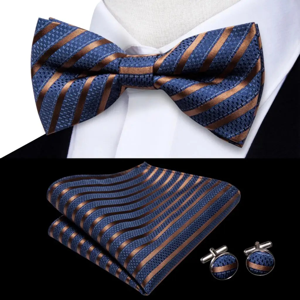 Beige Champagne Gold Mens Bow Tie Hanky Cufflinks Set Jacquard Floral Pre Tied Butterfly Bowtie for Male Wedding silk Business Qme LH-0562