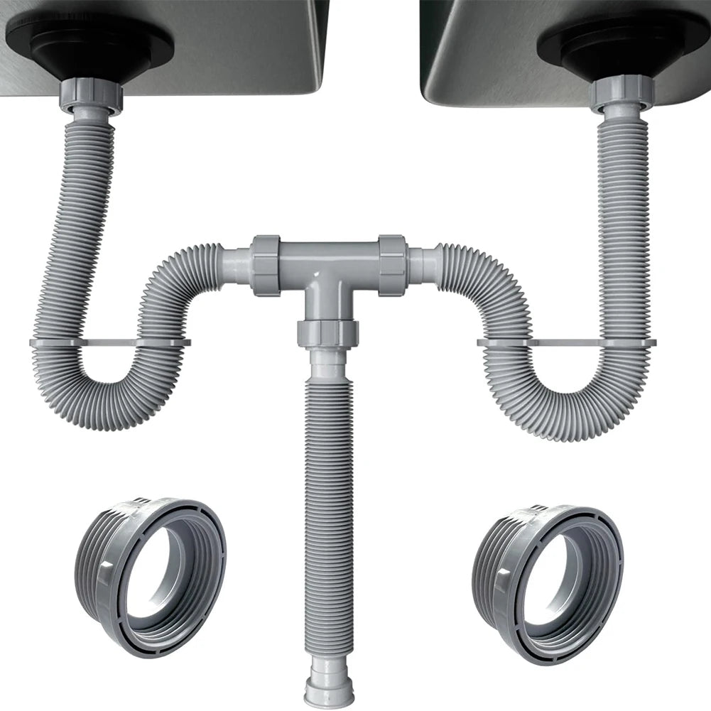Adjustable Kitchen Sink Drain Set Double Sink Drain Kit P Trap Sink Drain Deodorant Strainer Hose Kitchen Accessories Qme