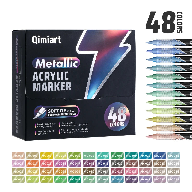 Languo 48 Colors Metallic Acrylic Marker Pen Set, Brush Tip,For Student DIY Graffiti Hand Drawn Paint Pens Stationery Qme 48 Colors