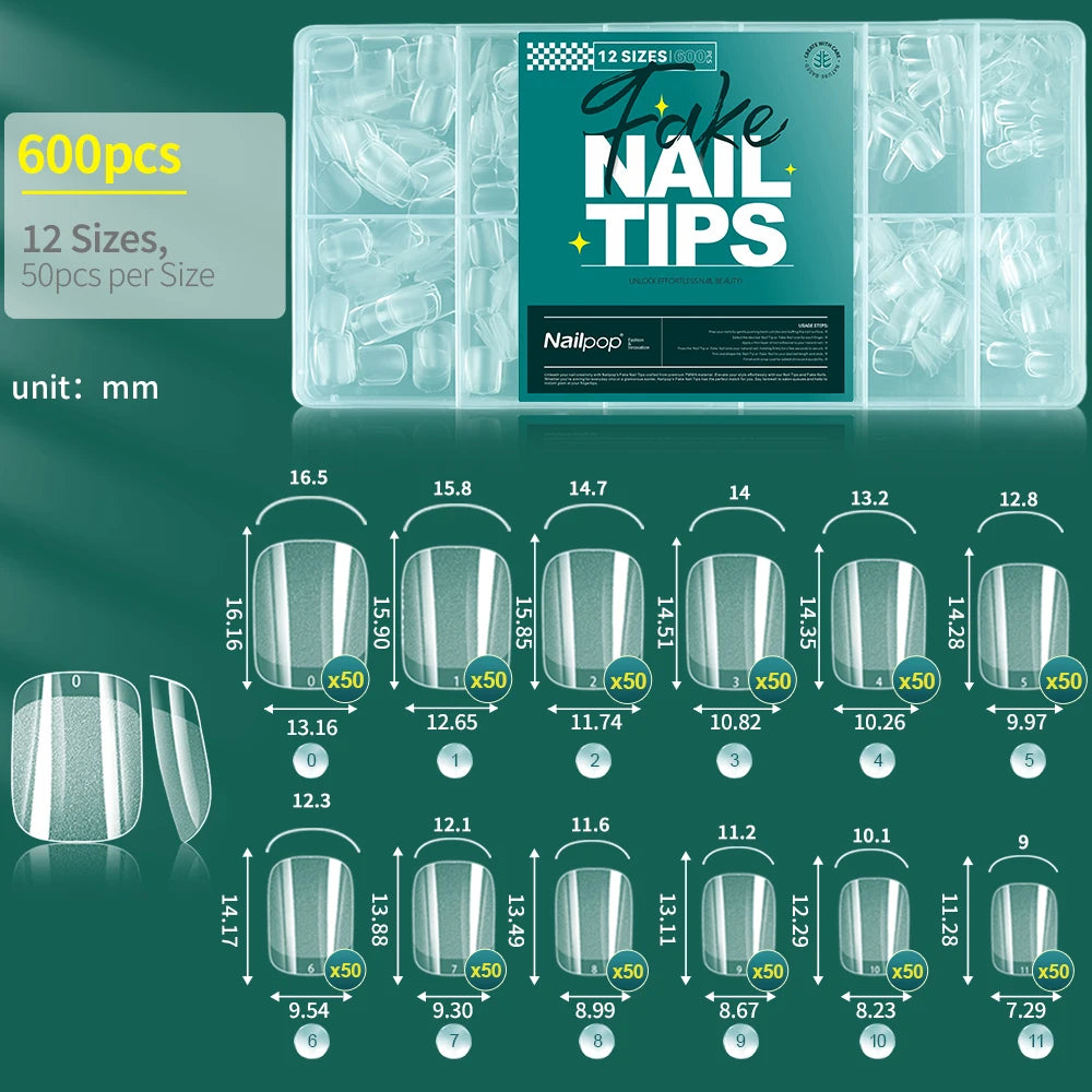 Nailpop False Nails 10 12 Sizes Full Cover Tips Clear Durable Qme XXS-Square-600