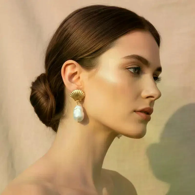 Bohemian Shell Pearl Drop Earrings Gold Plated Ocean Women Beach Qme
