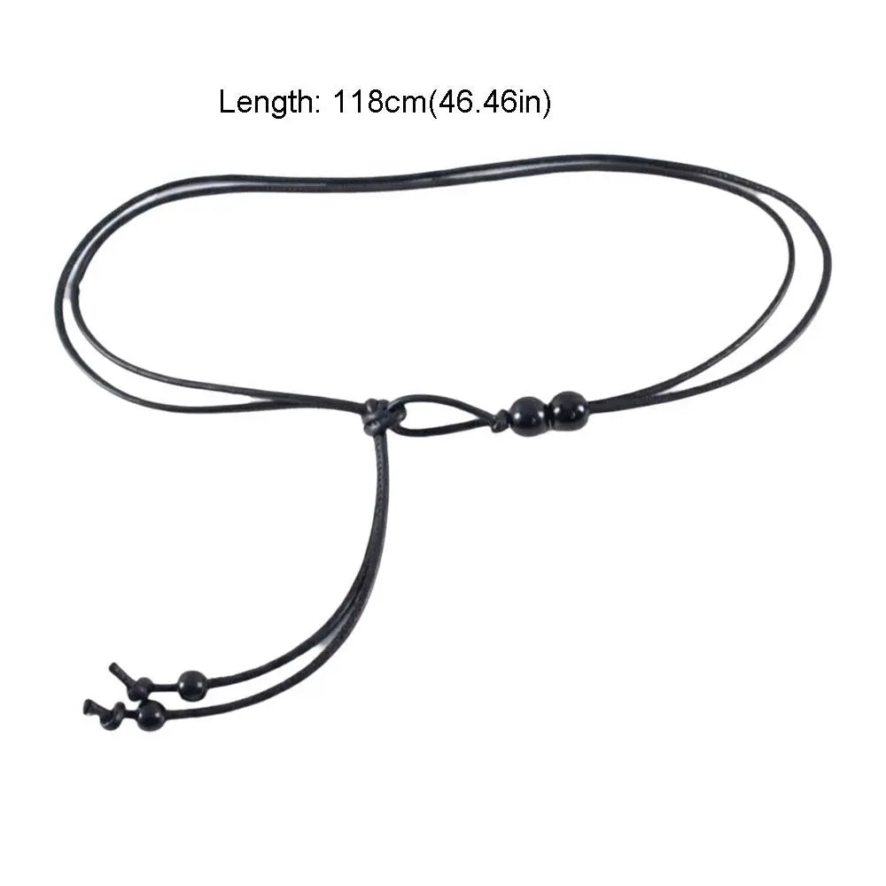 Retro Slim Rope Waist Chain Adjustable Bead Leather Waistband Chinese Qme