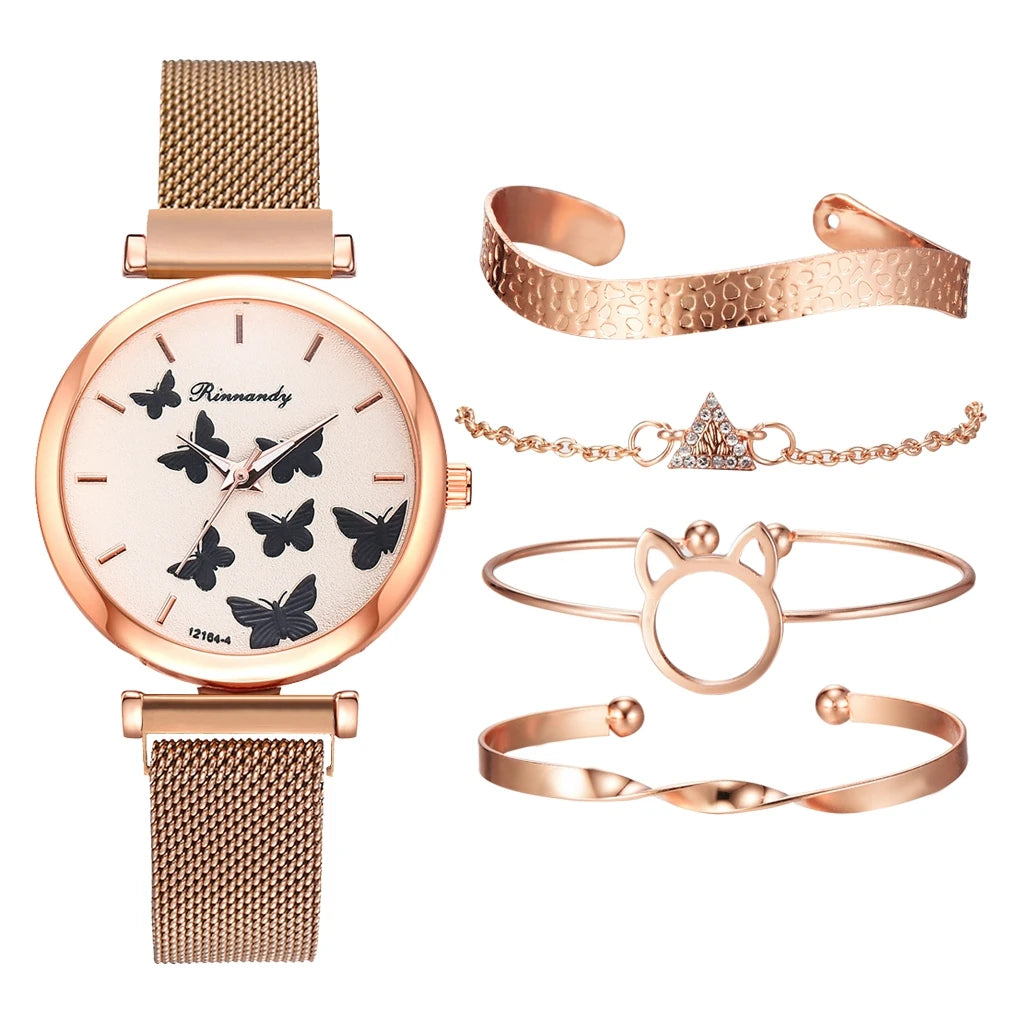 5PCS Bracelet Watches Set Fashion Women Rose Gold Mesh Belt Wristwatches Quartz Watch for Women Business Clock Relogio Feminino Qme H2-RGBK-RG