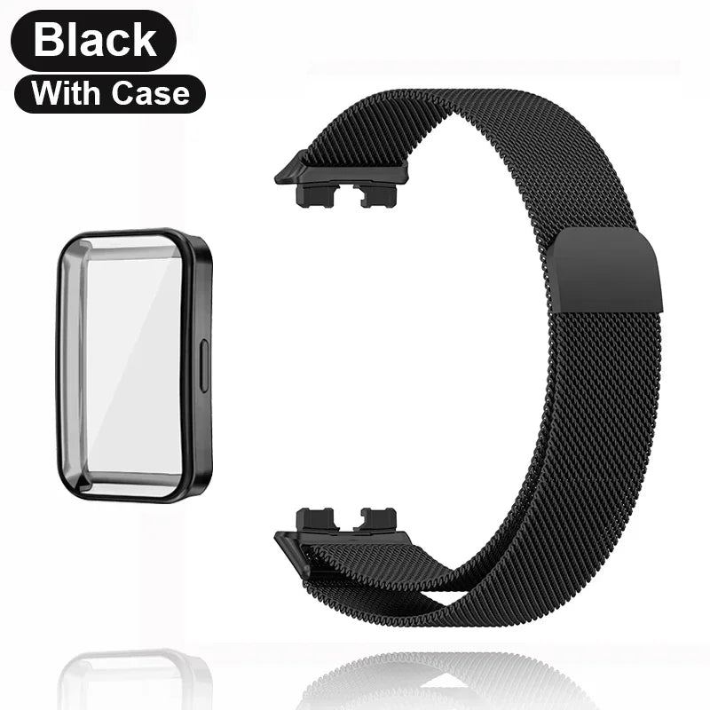 Metal Strap For Huawei Band 8 9 Bracelet With TPU Case Screen Protector Soft Film Replacement Milanese Magnetic Loop Watchband Qme BlackBand with Case For Huawei Band 8